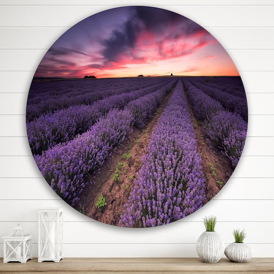 Designart - Sunrise & Dramatic Clouds Over Lavender Field IX - Farmhouse Metal Circle Wall Art